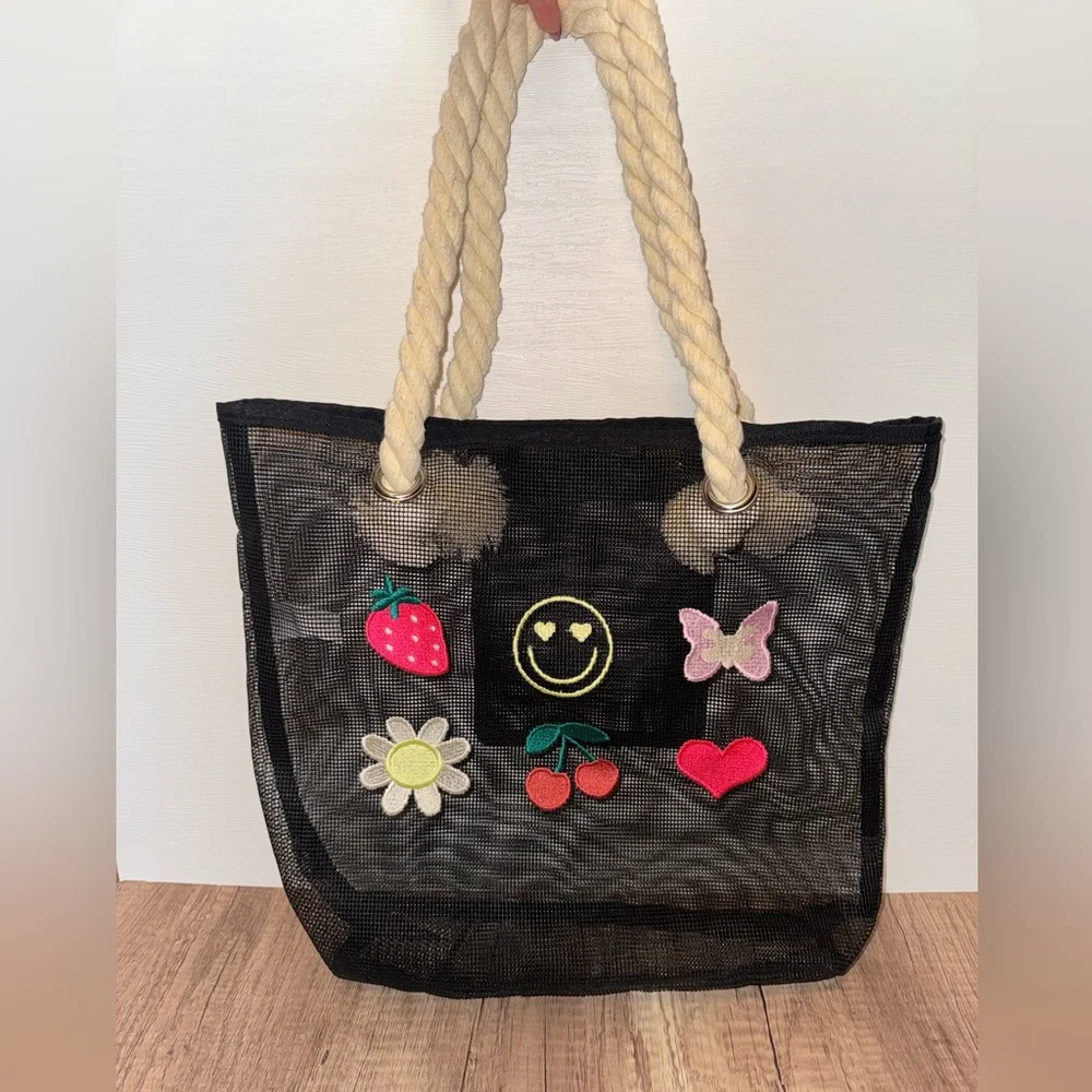 Y2K Mesh Beach Tote Strawberry Cherry Smiley Bag Beachcore Vacation Resortwear